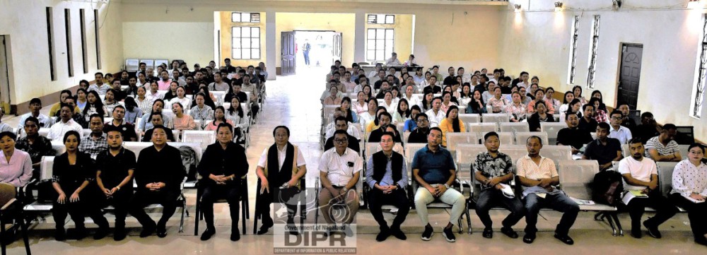 Officials along with others during the orientation programme for surveyors and voluntary teachers under the ULLAS Nav Bharat Saaksharata Karyakram at Tiyi Hall in Wokha on May 21.